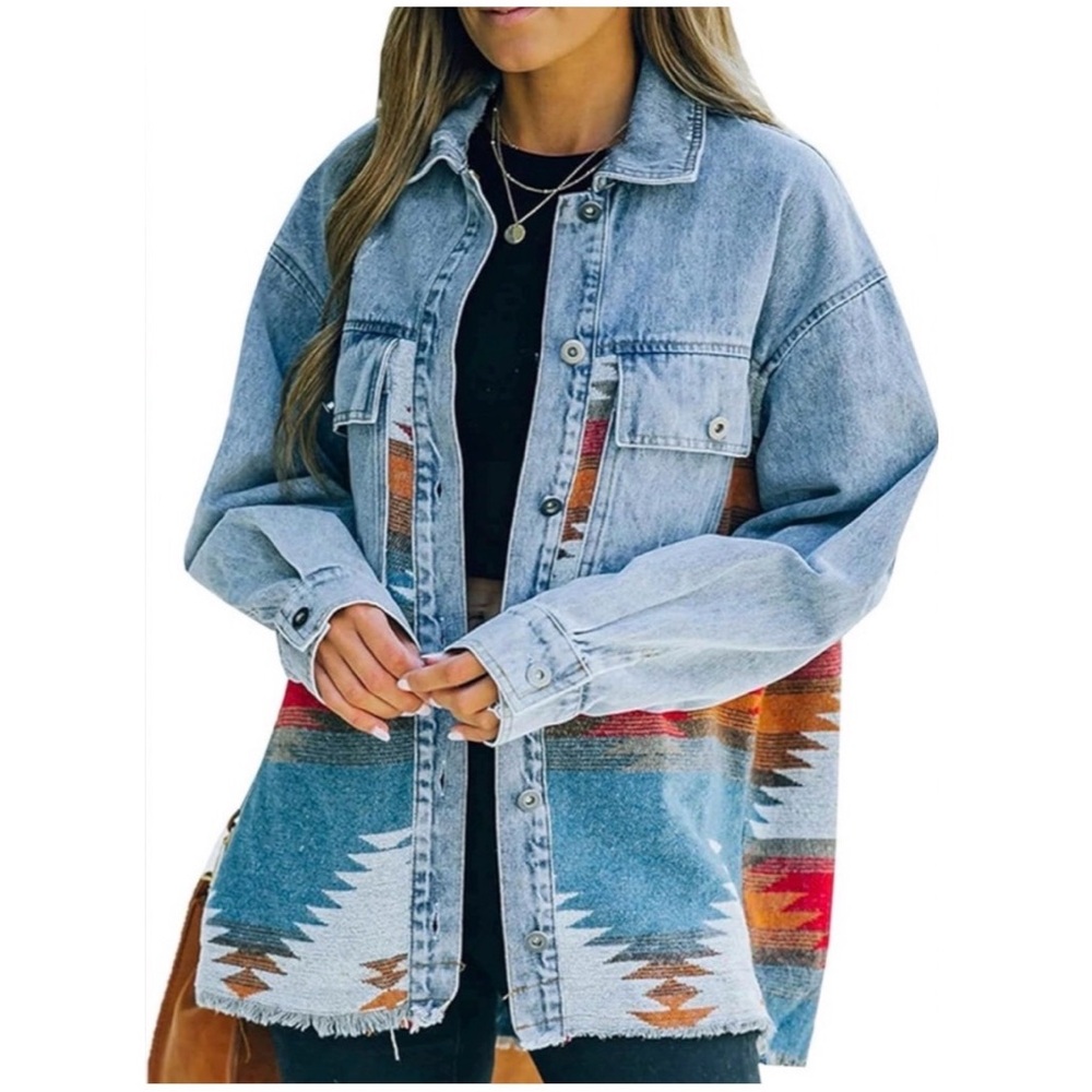 Aztec Oversized Denim Jean Jacket Shacket